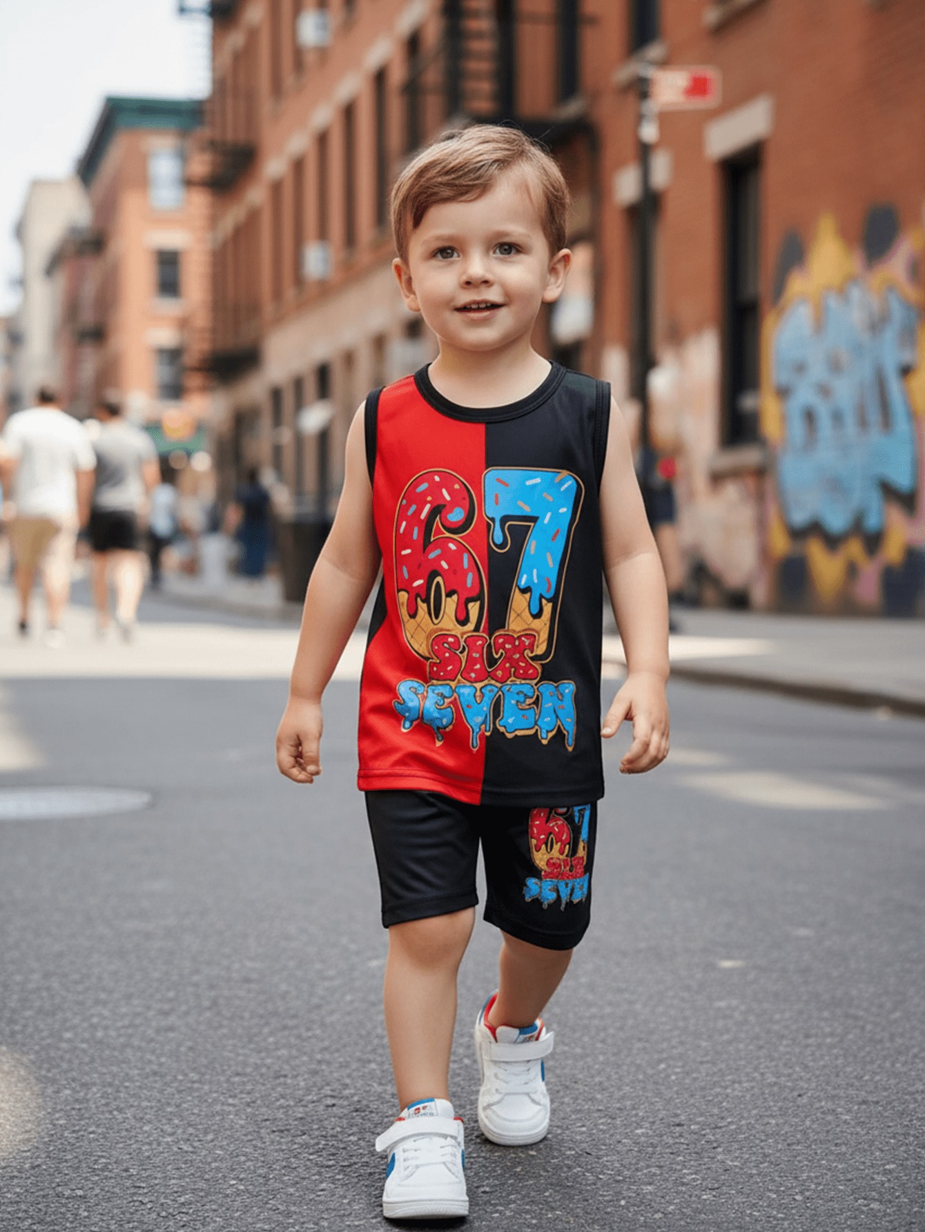 Boys Letter Ice Cream Graffiti Tank Top & Shorts 2-Piece Set