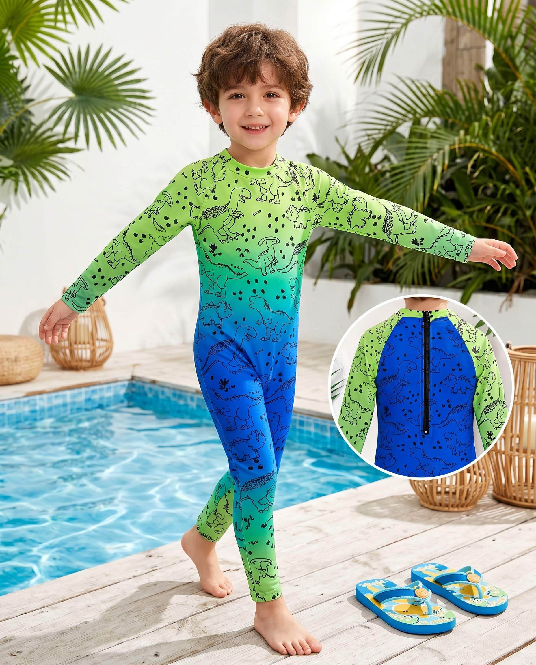 Boys Dinosaur Gradient One-Piece Swimsuit with Hat