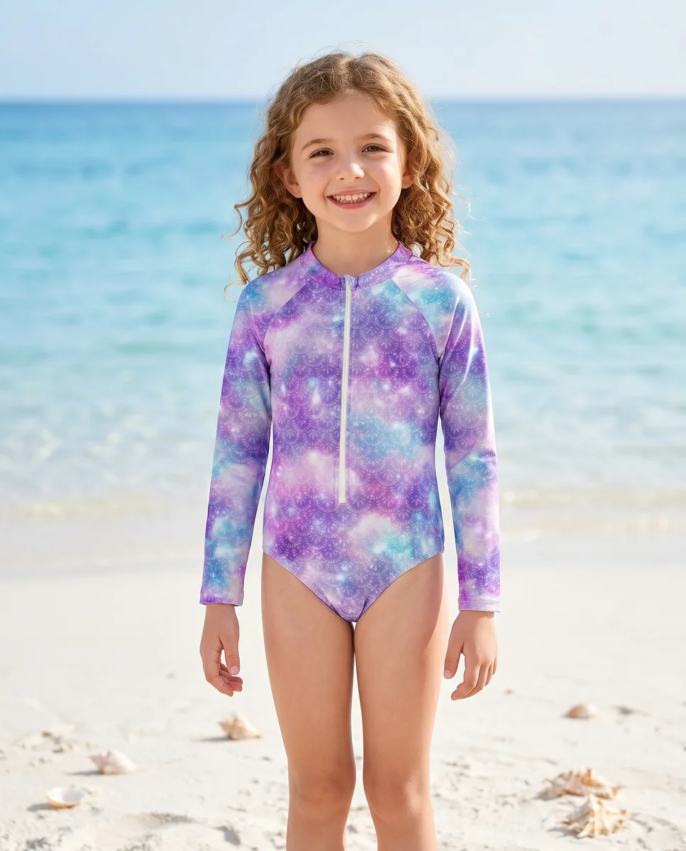 Girls Dreamy Purple Blue Galaxy Gradient One-Piece Swimsuit