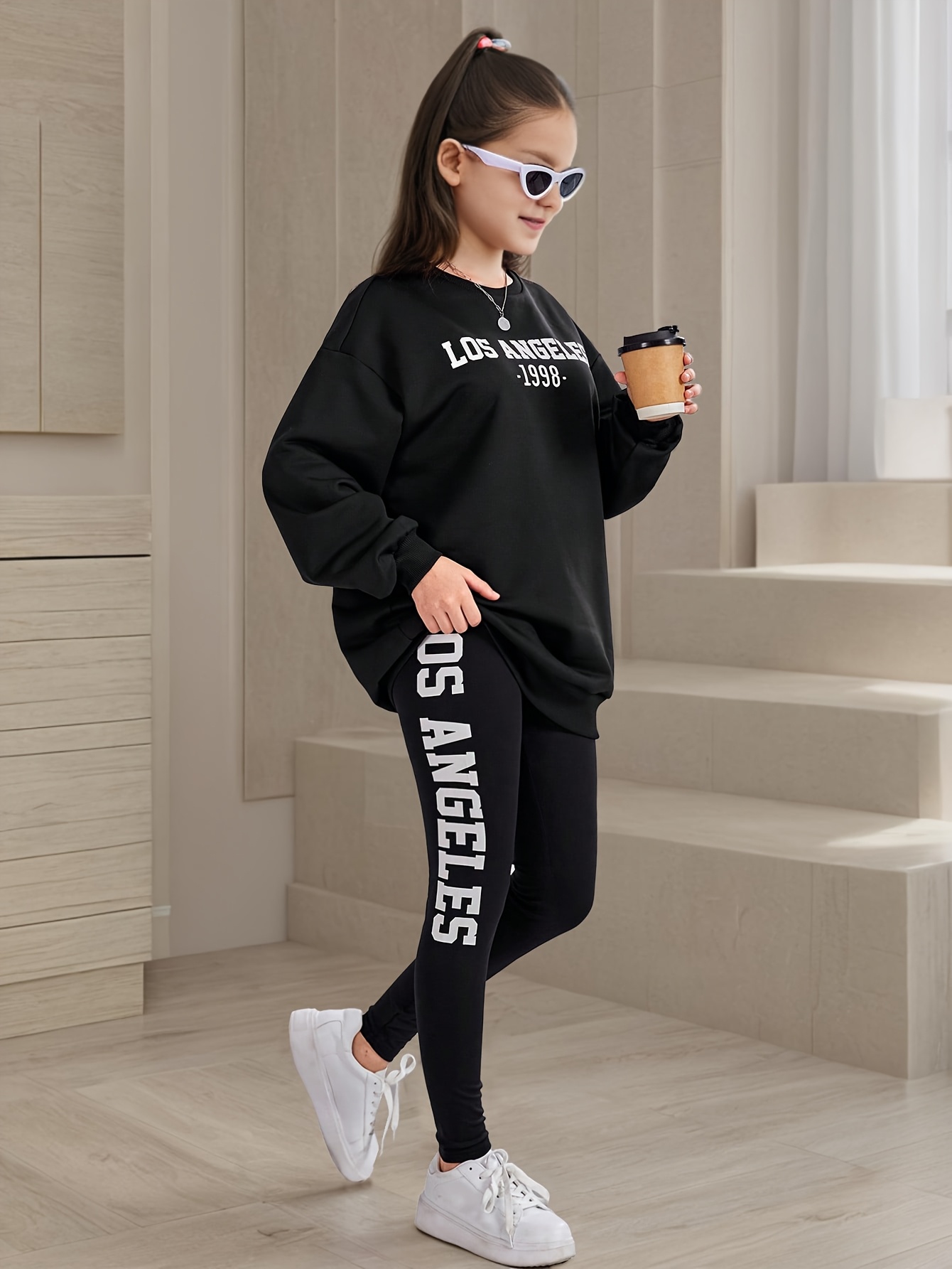 Girls Letter Print Sports Hoodie & Leggings 2-Piece Set