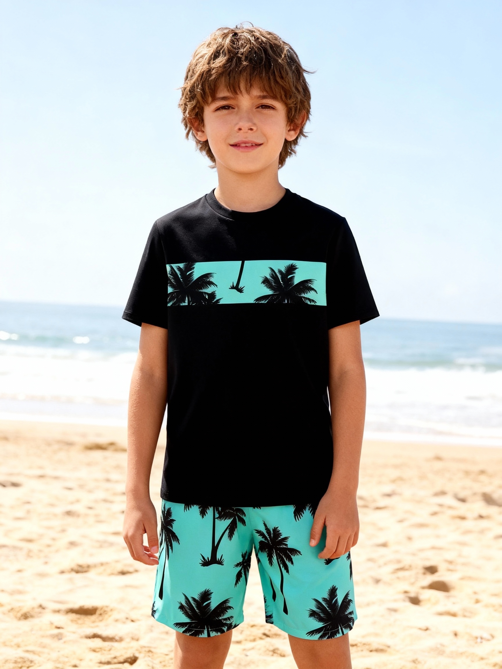 Boys Hawaiian Palm Tree Print T-Shirt & Swim Shorts 2-Piece Set