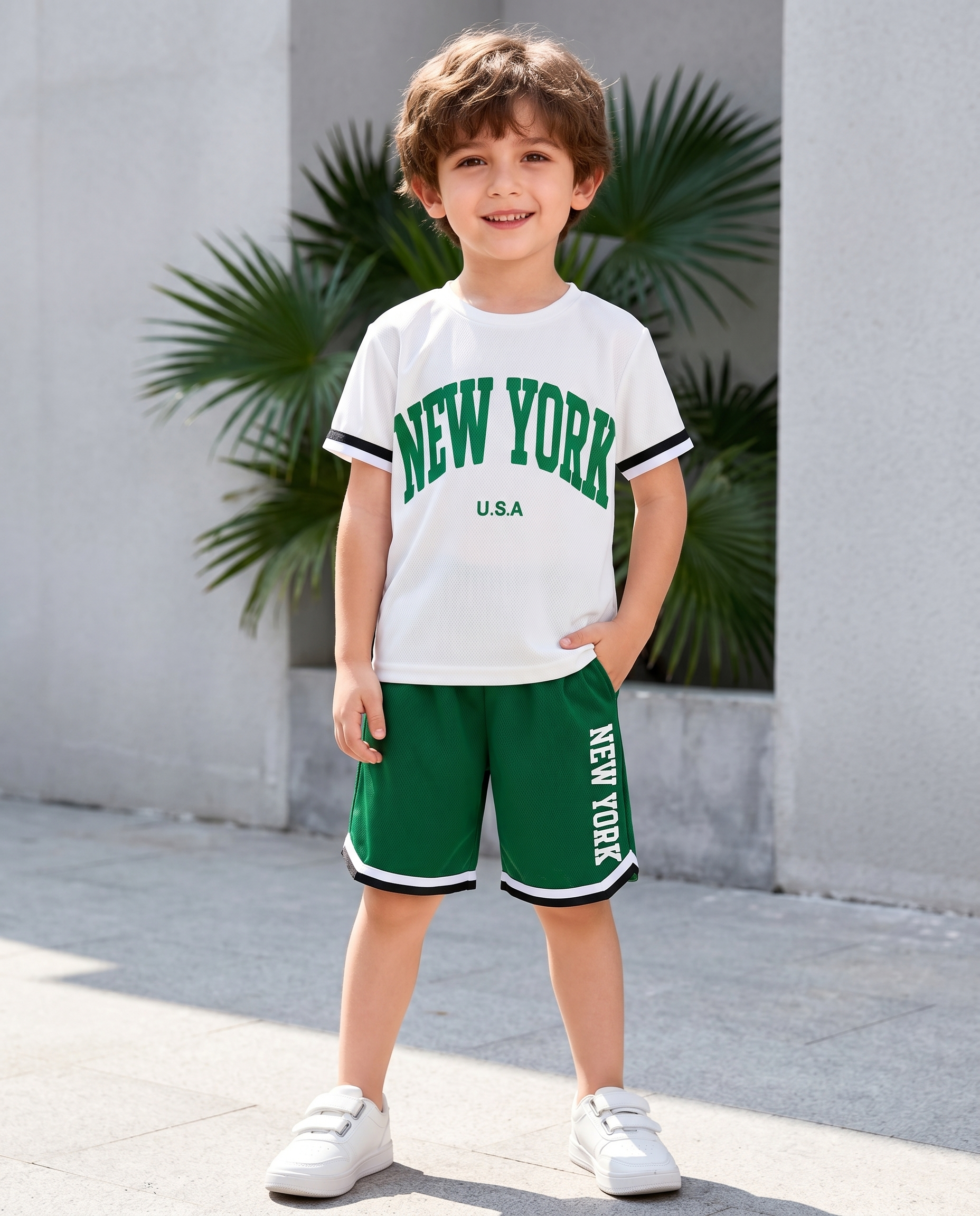 Boys Letter Print Green Sports Shorts Set