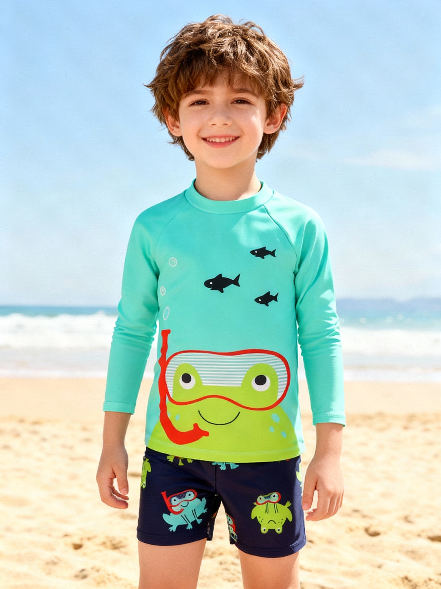 Boys Cartoon Long Sleeve T-Shirt & Swim Shorts 2-Piece Set