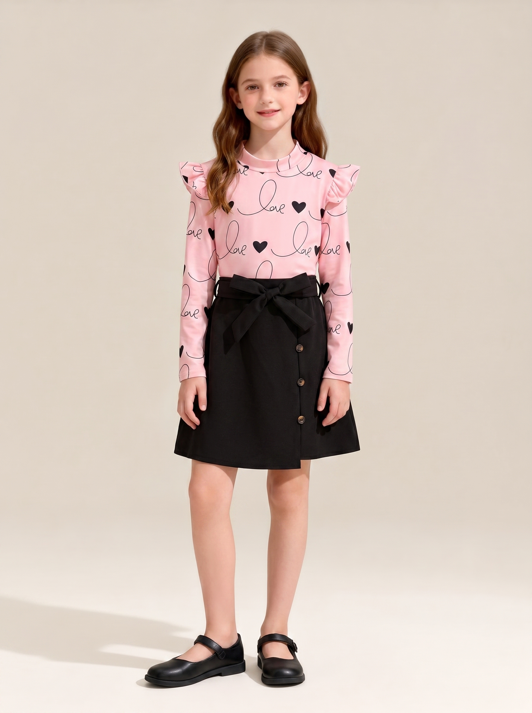 Girls Elegant Heart Print Long Sleeve Top & Skirt 2-Piece Set