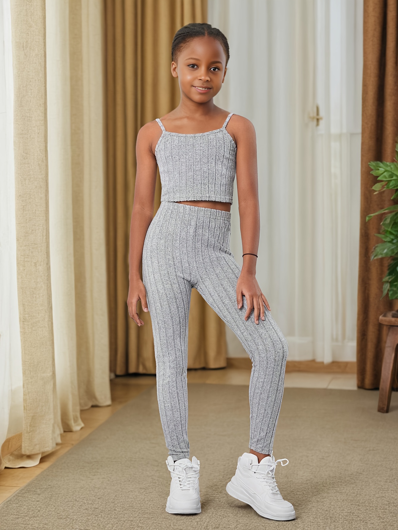 Girls Open Front Cardigan & Cami & Leggings 3-Piece Set