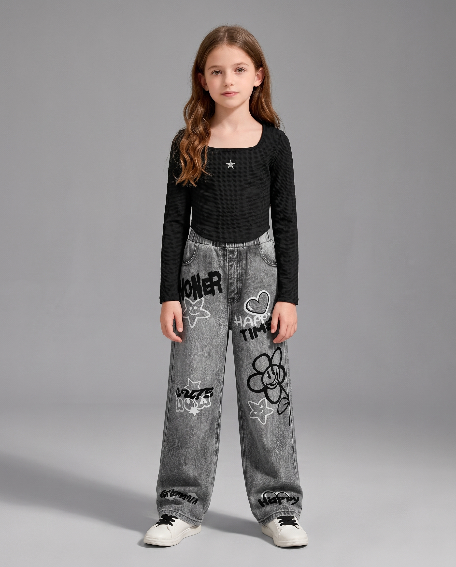 Girls Embroidered Star Long Sleeve Top & Faux Denim Pants Set
