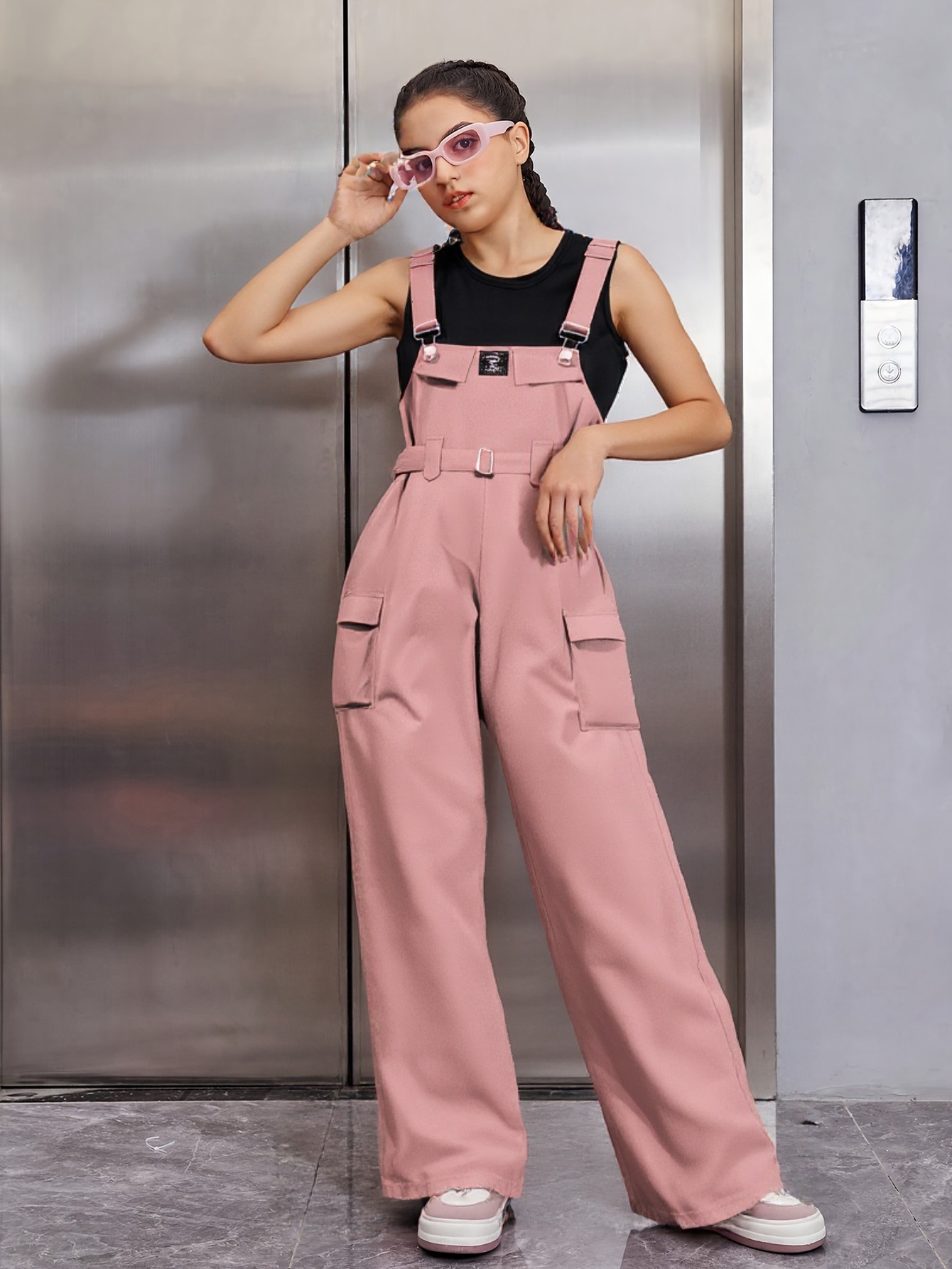 Girls Sweet Sleeveless Vest & Brick Red Suspender Pants Set