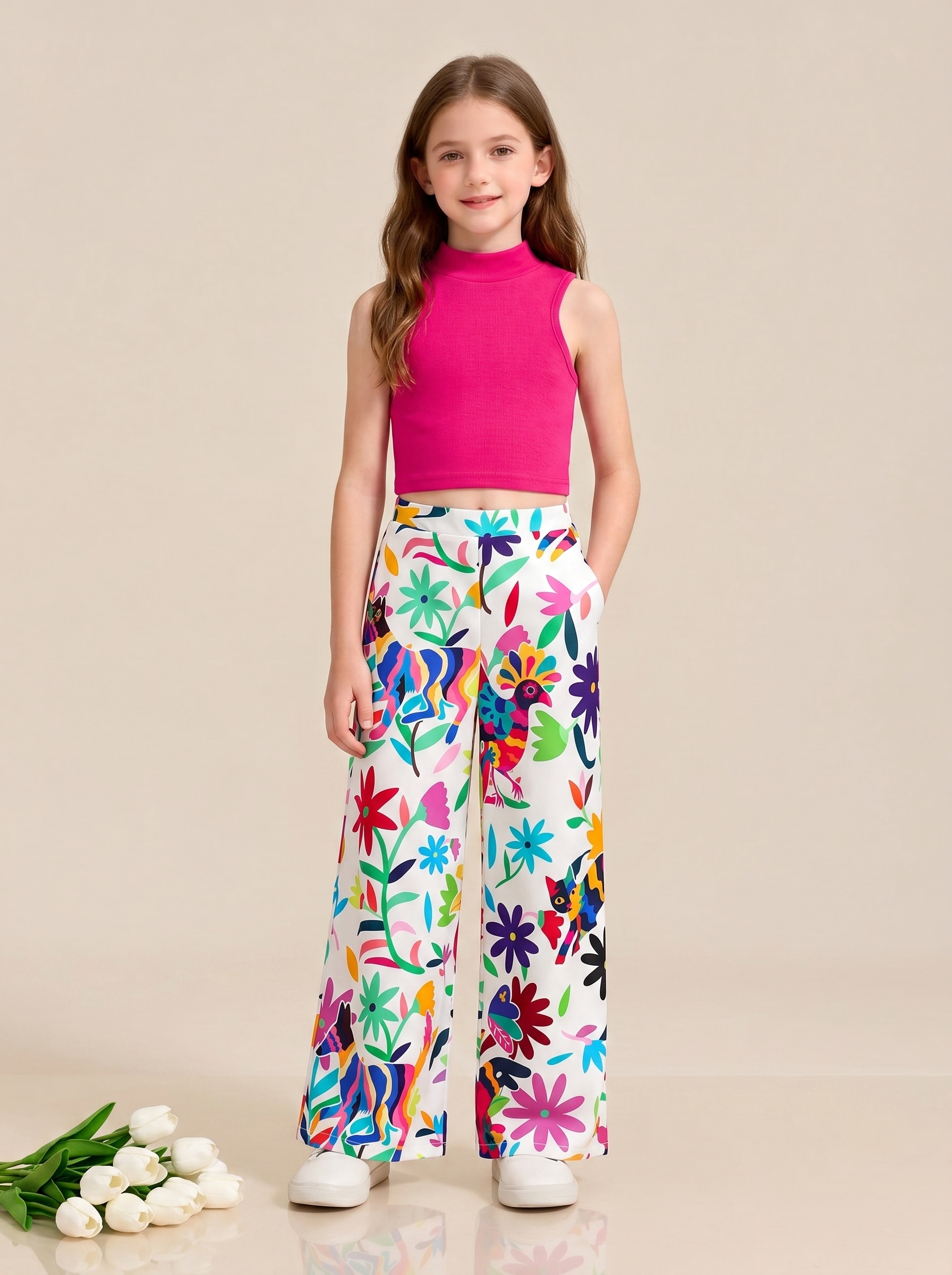 Girls Solid Long Sleeve Stand Collar Vest & Print Pants Set