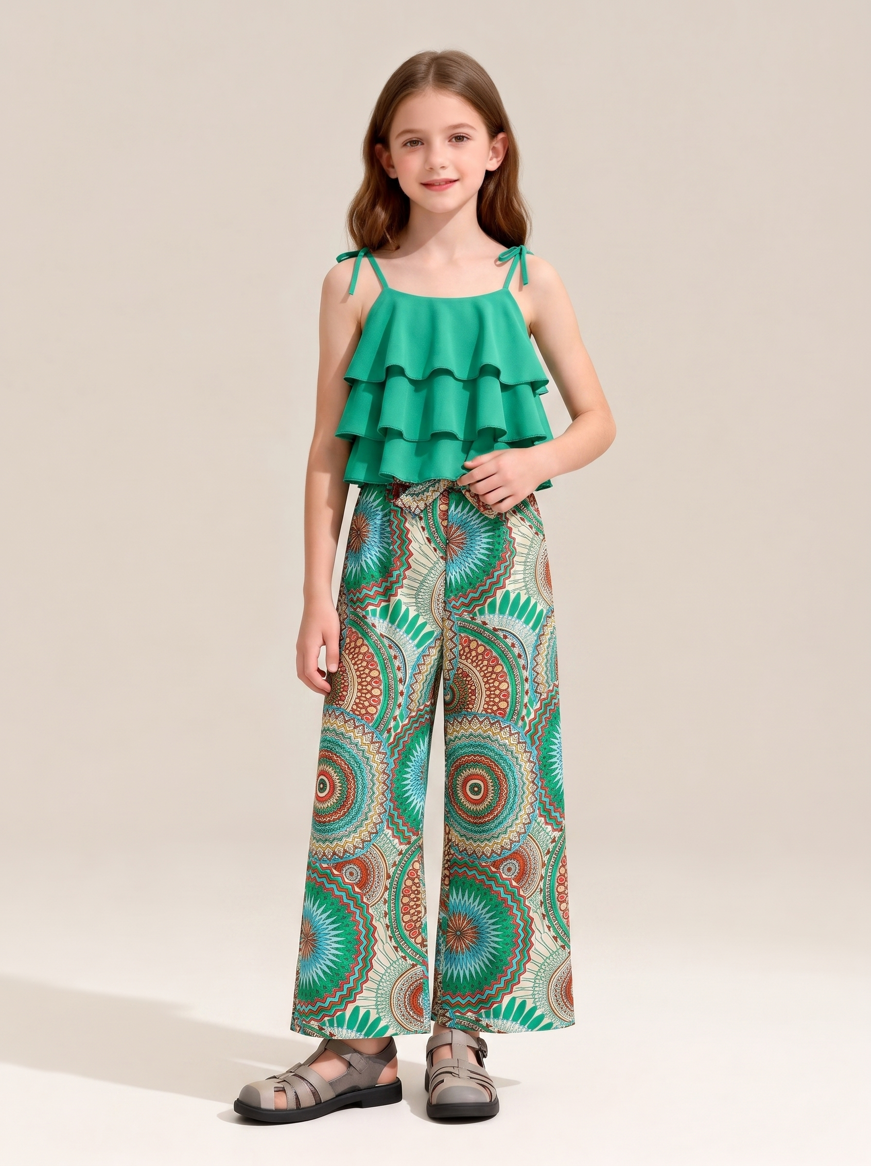 Girls Bow Ruffle Cami Vest & Geometric Waist Straight Pants Set