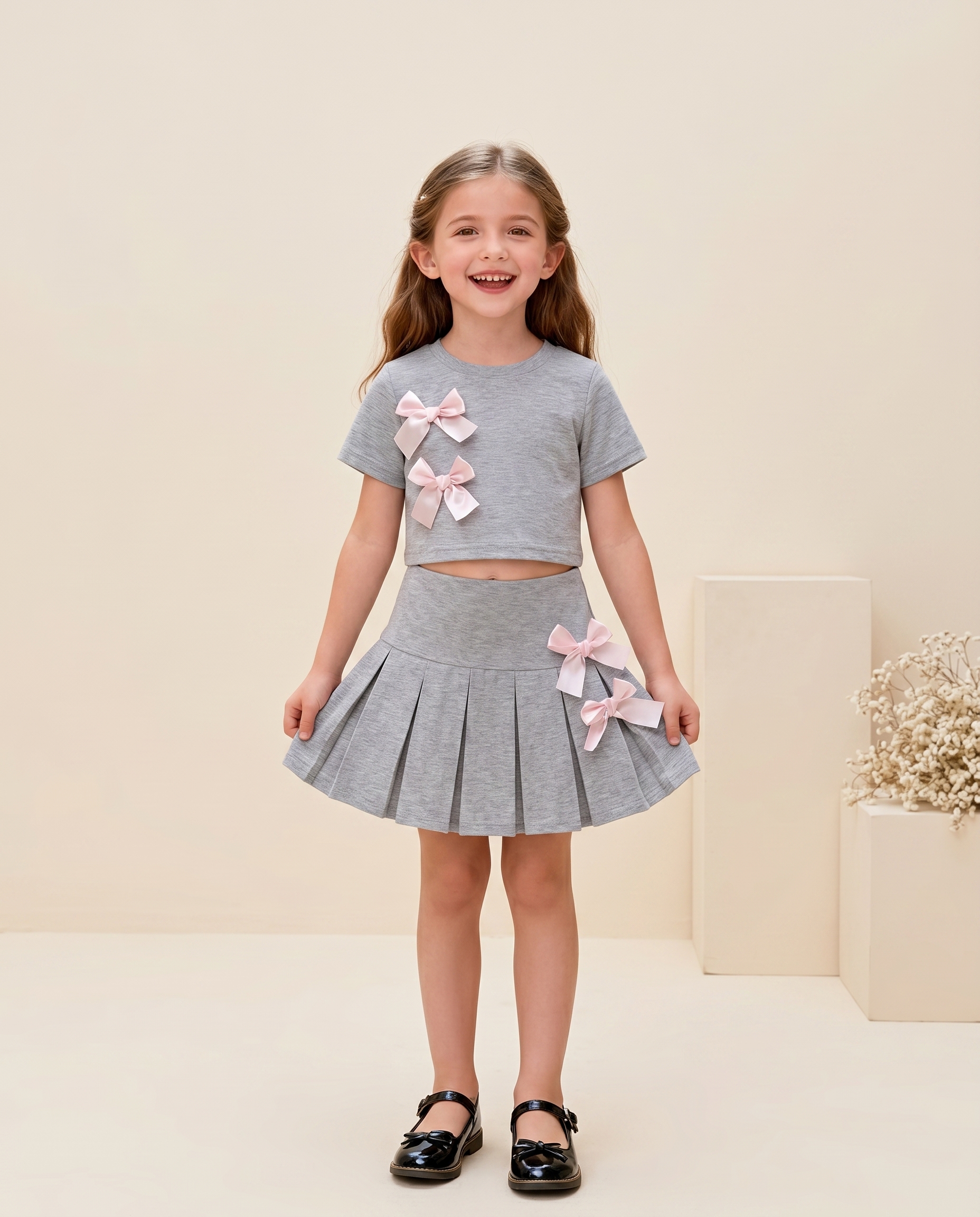 Girls Bow Short Sleeve T-Shirt & Skirt 2-Piece Set