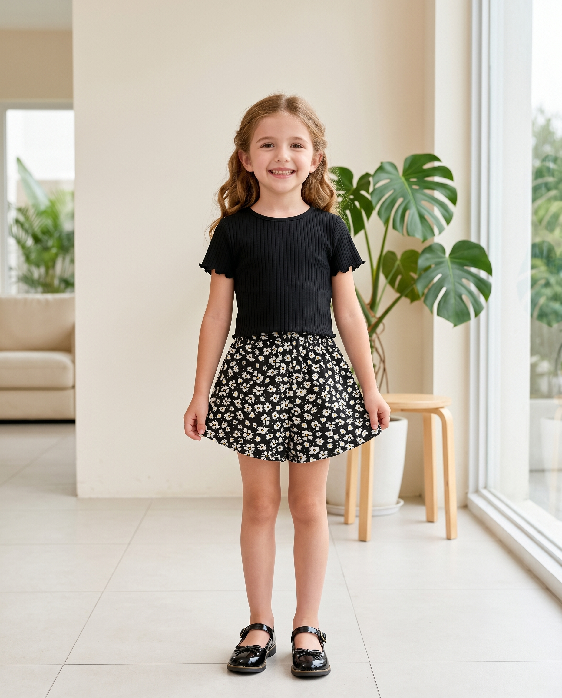 Girls Ruffle Sleeve T-Shirt & Floral Shorts 2-Piece Set