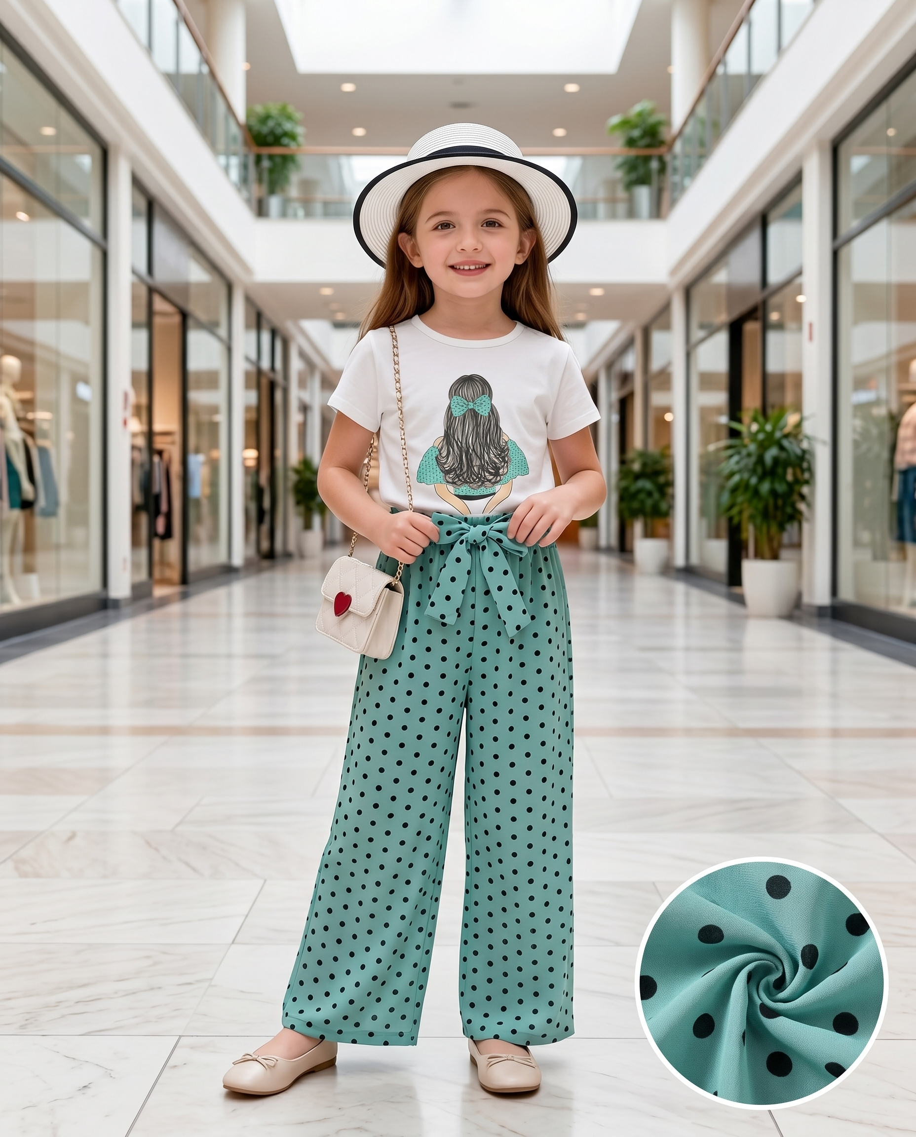 Girls Graphic T-Shirt & Polka Dot Wide-Leg Pants 2-Piece Set