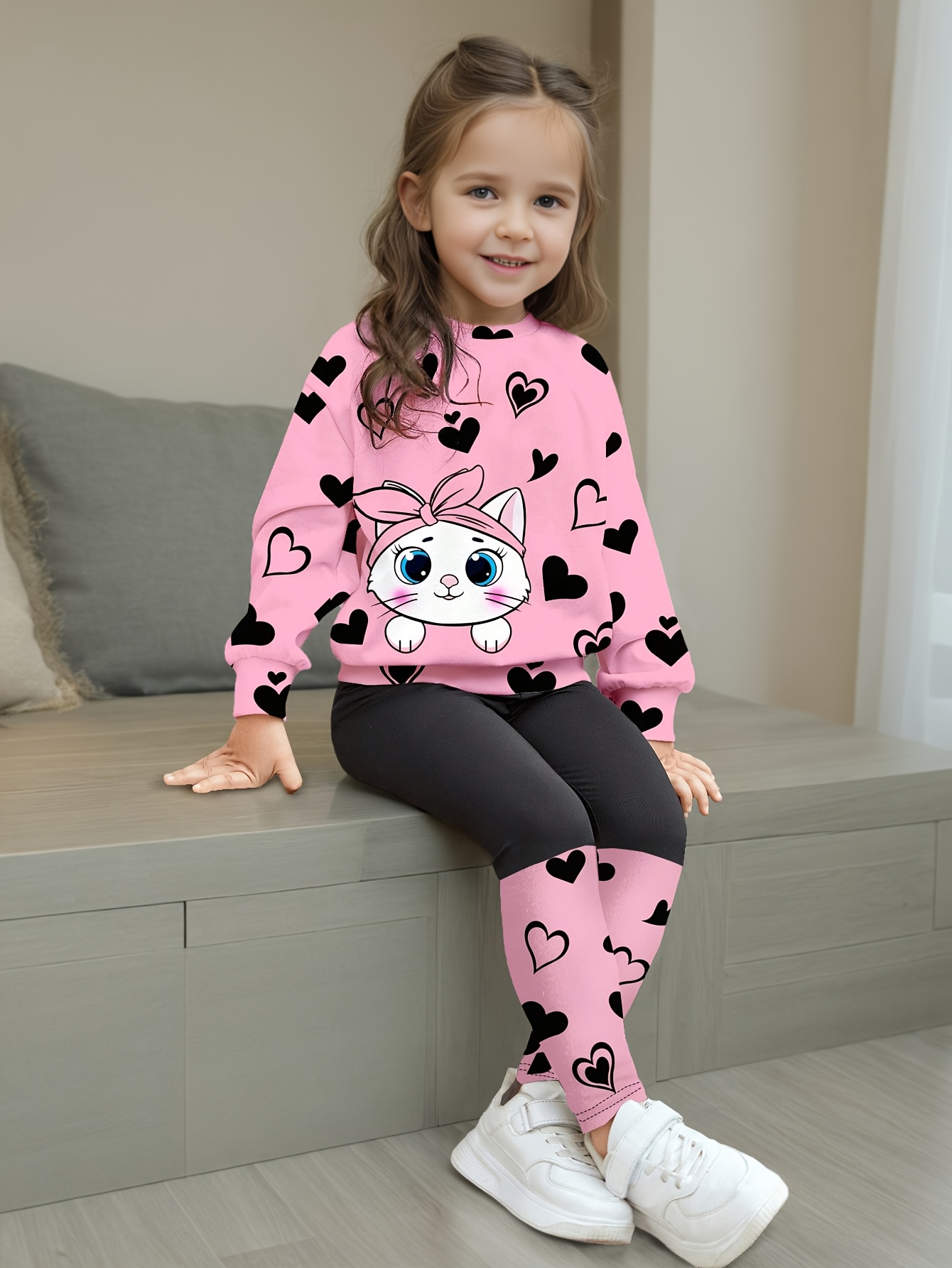Girls Summer Heart Print Long Sleeve T-Shirt & Cat Set