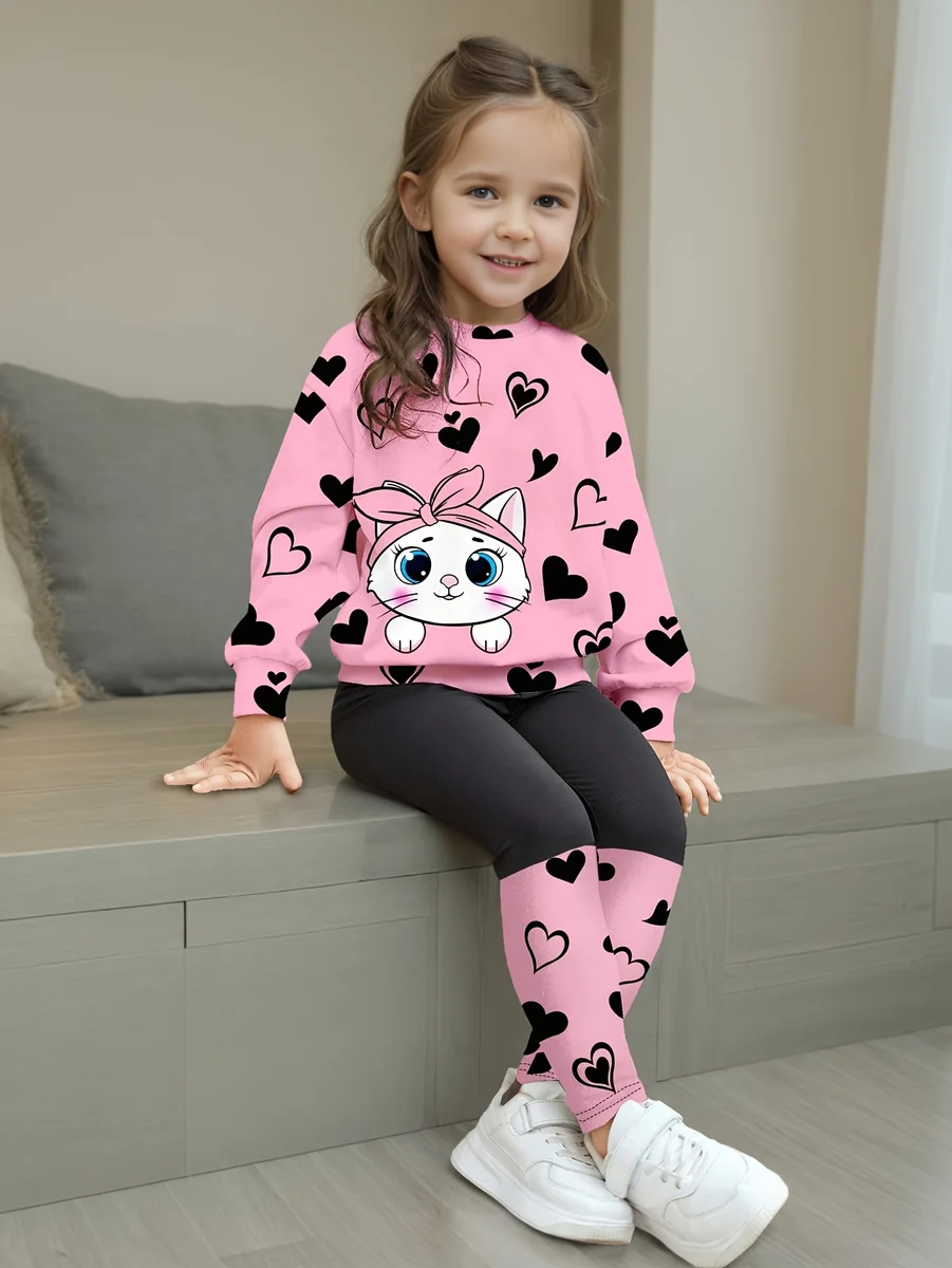 Girls Summer Heart Print Long Sleeve T-Shirt & Cat Set