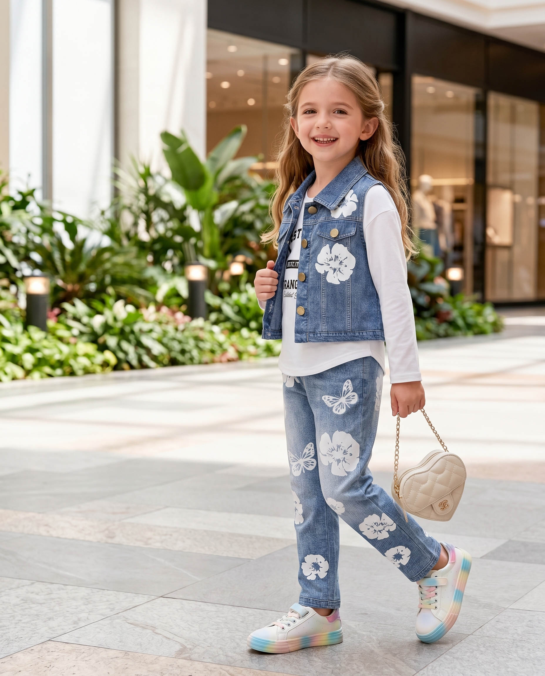 Girls Fashion Print Denim-Style 3-Piece Vest Set