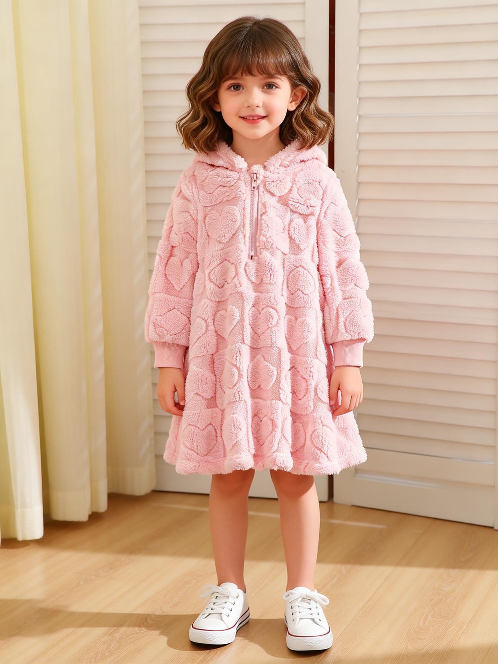 Girls Pink Heart Embossed Fleece Hooded Dress