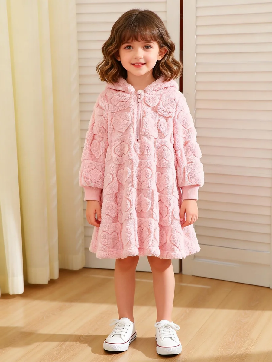 Girls Pink Heart Embossed Fleece Hooded Dress