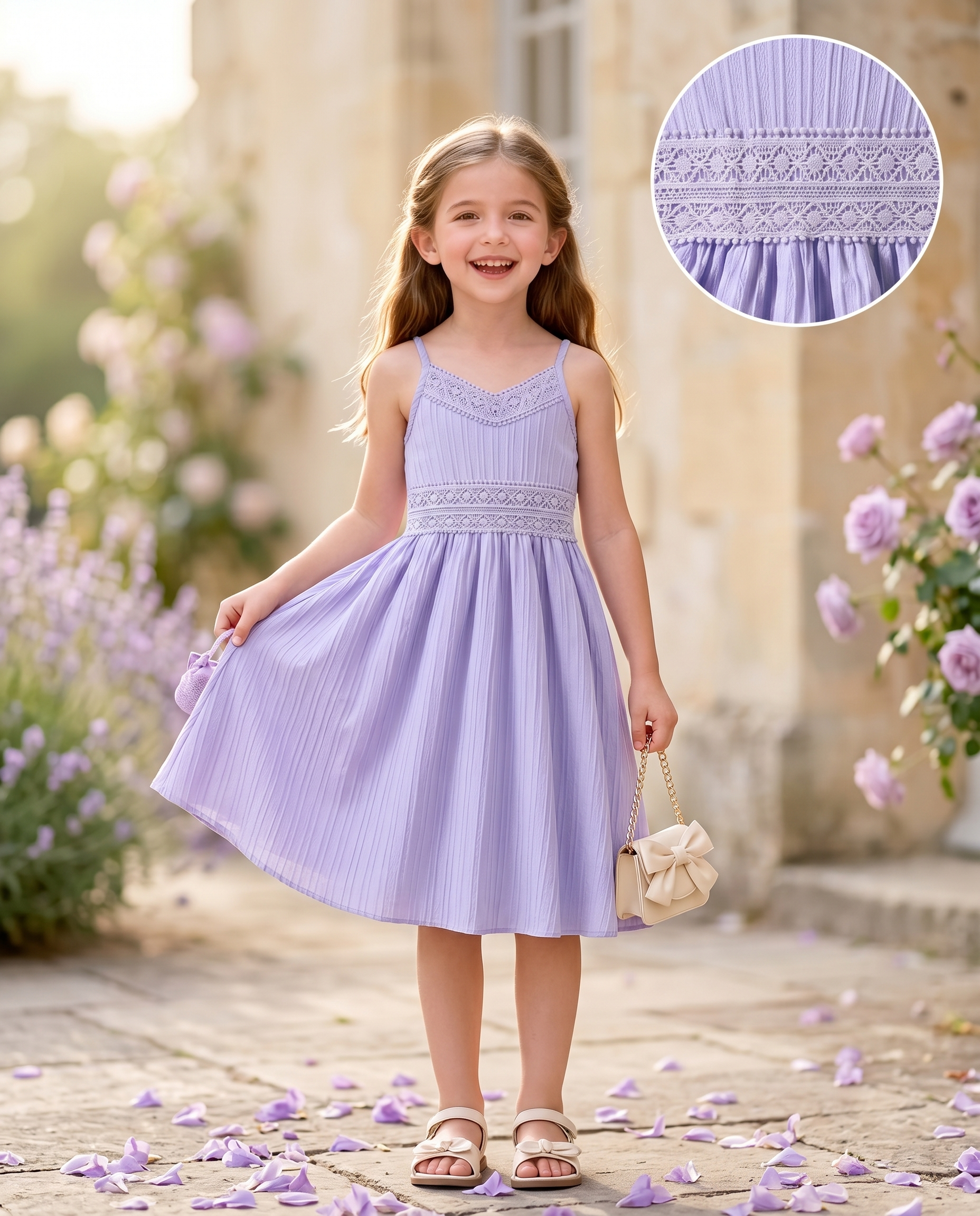 Girls Purple Lace Off-Shoulder V-Neck Dress