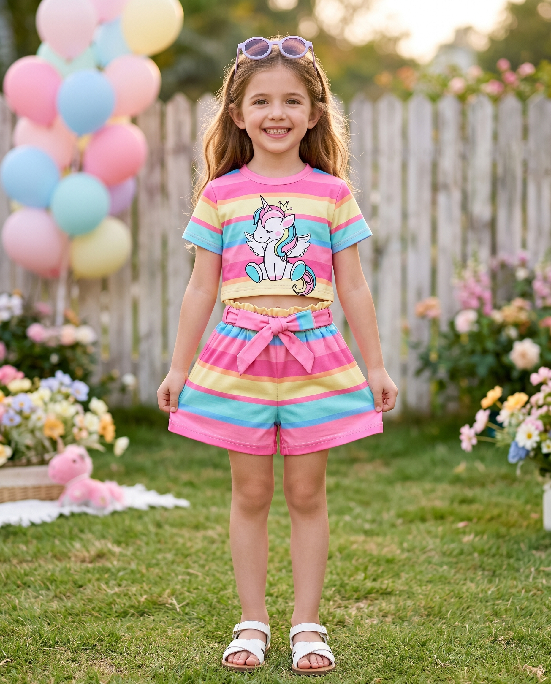 Girls Cartoon Stripe Short Sleeve & Shorts 2-Piece Set