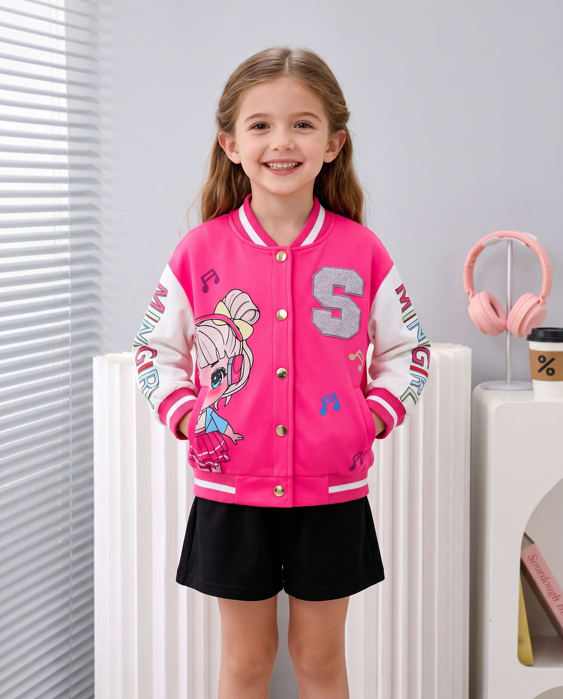 Girls Casual Fashion Cartoon Print Baseball Jacket