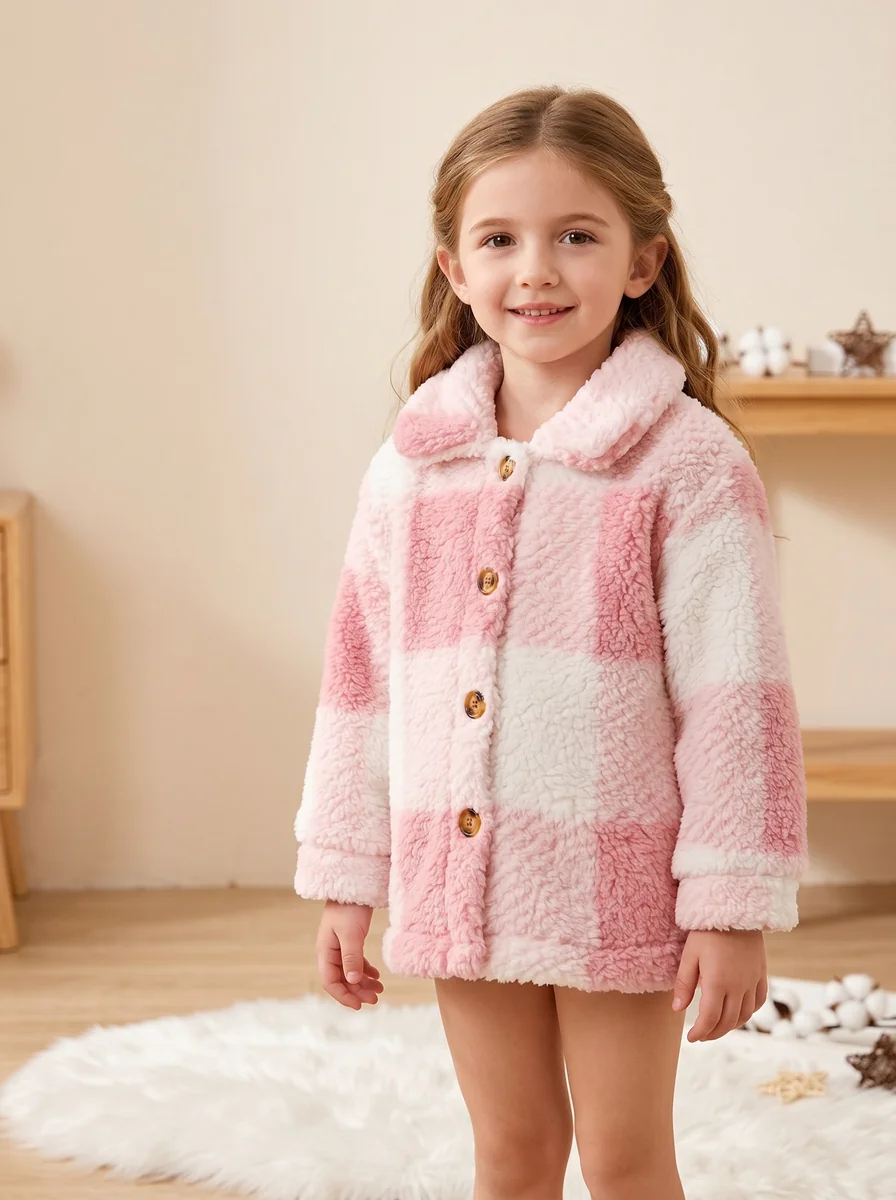 Girls Coral Fleece Plaid Flip-Collar Jacket