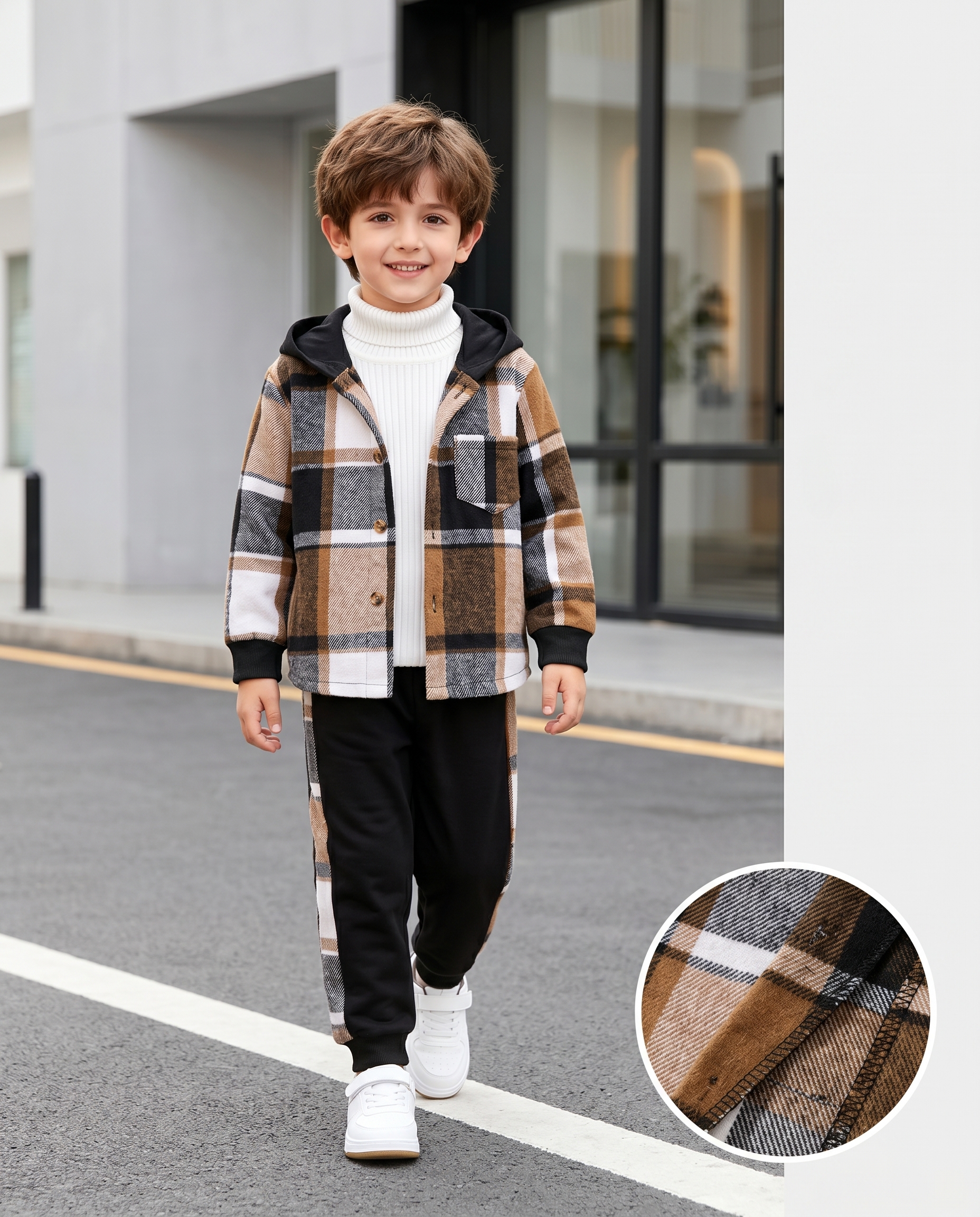 Boys Plaid Hooded Jacket & Sweatpants 2-Piece Set