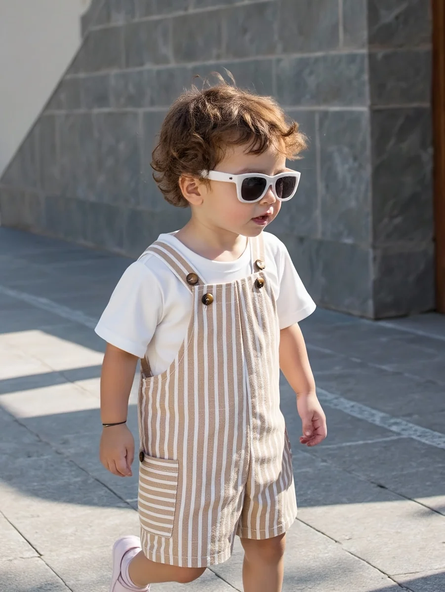 Toddler Boy Summer Solid T-Shirt & Striped Suspender Shorts 2-Piece Set