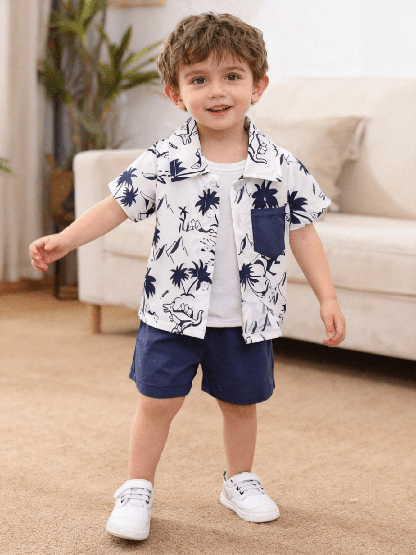 Toddler Boy Summer Palm Tree Dinosaur Print Shirt & Shorts 2-Piece Set